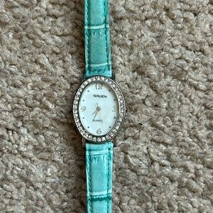 Gruen vintage dainty teal/silver crystal genuine leather adjustable‎ watch